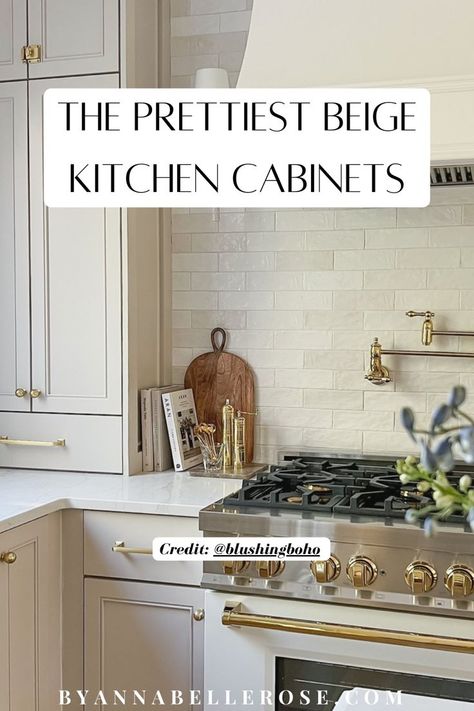 If you’re looking for beige kitchen cabinet color ideas, then you’ve come to the right place. This post is all about the most gorgeous beige paint colors for your kitchen that you’ll love. Best Greige Cabinet Color, Cream Colour Kitchen Cabinets, Light Tan Cabinets Kitchen, Creamy Cabinet Colors, Best Off White Cabinet Color, Cream Cabinets Gold Hardware, Benjamin Moore Beige Cabinets, Cyberspace Sherwin Williams Cabinets, Sand Cabinets Kitchens