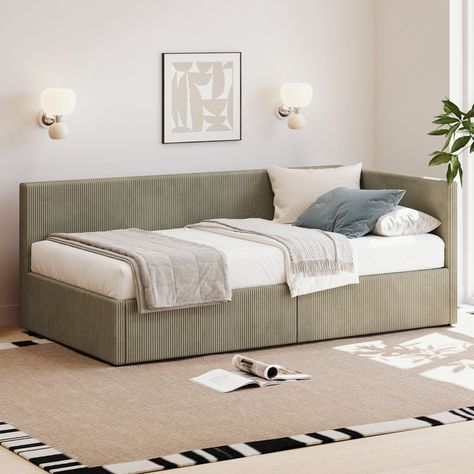 Latitude Run® Twin Size Corduroy L Shape Corner Bed with Two Storage Drawers | Wayfair L Shaped Twin Beds, Daybed Corner, Daybed Guest Room, Corner Bed, Daybed Room, Bed Nook, Daybed With Drawers, Bed In Corner, Sage Green Bedroom