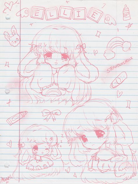 Cute Pink Doodle by @mewwps : A notebook sketch page I did for @strawbunimilk recently!! I love them with all my little heart!! #strawbunimilk #my art #pink #pastel #pastelcore #babycore #sanrio #kawaii #cute #art Notebook Sketches Drawings, Cute Journal Fonts, Cafe Cute Drawing, Kawaii Sketches Doodles, Aesthetic Notebook Drawings, Pink Sketchbook Page, Note Book Sketches, Kawaiicore Drawing, Cute Japanese Drawings