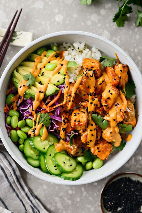 Crispy Salmon Bowls With Bang Bang Sauce, Clean Eating Salmon Bowls, Salmon Bites Rice Bowl, Salmon Bowl With Kimchi, Healthy Dinner Recipes Salmon Bowl, Raspberry Chipotle Salmon, Crispy Bang Bang Salmon Bowl, Honey Garlic Salmon Rice Bowl, Thai Rice Bowl Recipes