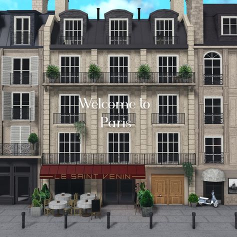 French Apartment Exterior Bloxburg, Nyc Apartment Aesthetic Bloxburg, Aesthetic Bloxburg Apartment Exterior, French Townhouse Exterior, Blockburg Apartment, City Aesthetic Bloxburg, Paris Home Exterior, Cafe And Apartment Exterior, Downtown Bloxburg House