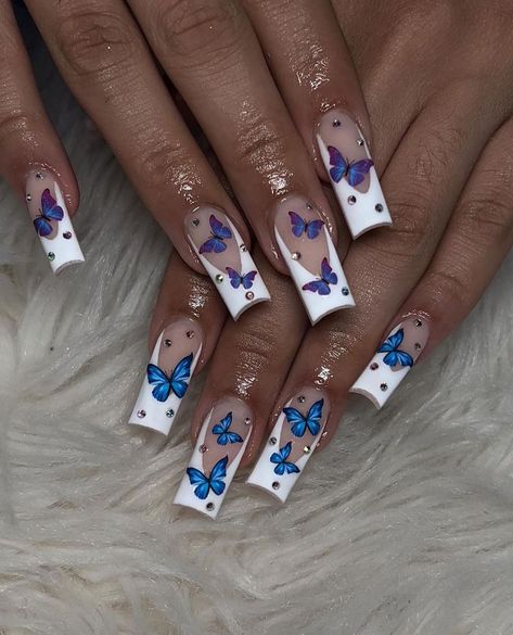 Butterfly Nail Art Cute Acrylic Nails Butterfly, Short Nail Designs Blue Butterfly, Nail Idea Butterfly, Butterfly And Rhinestone Nails, Blue And Butterfly Nails, Clear Nails With Butterfly Design, Butterfly Nail Stickers Designs, Cute Nails Butterflies, Butterfly Nails With Gems