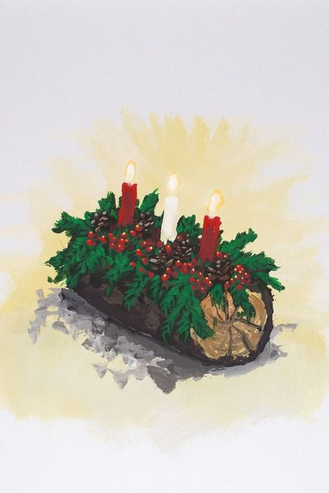 The Yule log is a winter tradition in regions of Europe. This yule log painting was created with acrylic on Readi-Board foam board. Yule Bullet Journal, Yule Drawings, Yule Watercolor, Yule Artwork, Yule Painting, Yule Illustration, Yule Aesthetic, Yule Art, Log Drawing