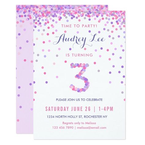 Girls 9th Birthday, Third Birthday Girl, Seventh Birthday, Girls 3rd Birthday, Confetti Design, Purple Confetti, Birthday Confetti, Third Birthday Party, Confetti Birthday