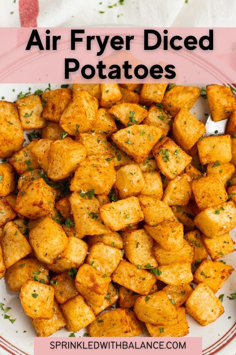 Air Fryer Diced Potatoes Air Fryer Diced Potatoes, Baked Diced Potatoes, Russet Potato Recipes, Potato Side Dishes Easy, Air Fry Potatoes, Canned Potatoes, Veggie Fries, Seasoned Potatoes, Easy Potato Recipes