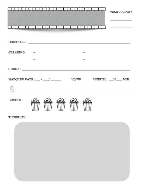 Film Journal Template, Movie Journal Cover, Movie Review Template Aesthetic, Movie Rating Template, Movie Journal Template, Film Review Template, Movie Tracker Template, Movie Bullet Journal, Movie Journal Ideas