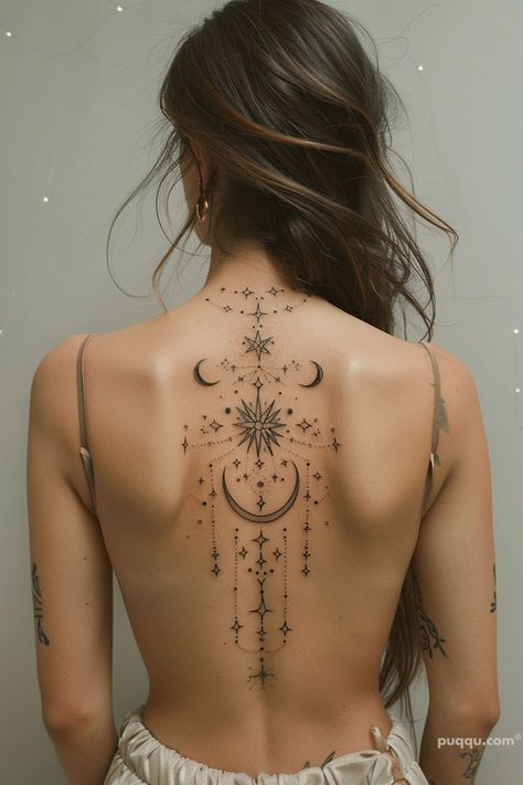 Celestial Tattoo Ideas: Unlock the Cosmic Artistry in Your Ink - Puqqu Astrological Back Tattoo, Spine Tattoo Mandala, Mandala Spine Tattoos For Women, Celestial Tattoos For Women, Moon Ornamental Tattoo, Spiritual Spine Tattoos, Back Henna Designs Spine, Witchy Back Tattoo, Astral Tattoos