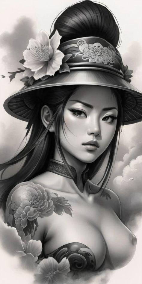 Anime Women Tattoo Design, Japanese Tattoo Art Draw, Japanese Tattoo Art Geisha, Samurai Woman Art, Japanese Woman Tattoo, Samurai Girl Tattoo, Orientalism Art Tattoo, Japanese Girl Tattoo, Female Samurai Tattoo