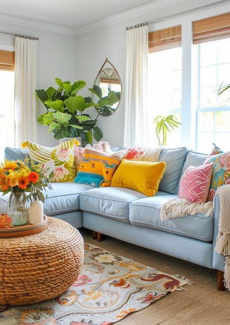 Home Inspiration Colorful, Bright Happy Home Decor, Bright Lounge Ideas, Simple Colorful Living Room, Colorful Coastal Aesthetic, Eclectic Beach House Decor, Summer Home Decor Living Room, Colorful Coastal Living Room, Summer Decorating Ideas For The Home