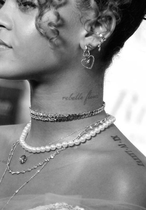 Neck Tattoos Women Writing, Tattoos Behind Neck For Women, Neck Writing Tattoos Women, Back Of Neck Tattoo Black Women, Women’s Word Neck Tattoo, Neck Tattoos Women Name, Rare Neck Tattoo, Small Under Chin Tattoo Woman, Cursive Name Tattoo On Neck