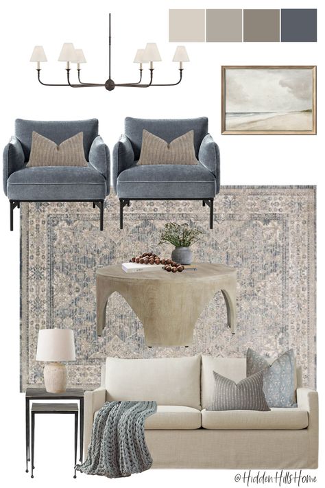 Living room decor mood board with blue accents! Coastal living room decor Moody Coastal Decor, Amazon Living Room, Neutral House, Cream Living Rooms, Hidden Hills, Beige Living Rooms, Bedrooms Decor, Coastal Living Room, Neutral Living Room