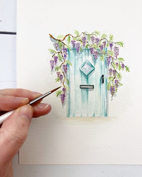 Watercolor Architecture Simple, Simple Watercolour Painting, Painting Wisteria, Door Drawing, Learn Watercolor Painting, Easy Mandala Drawing, Watercolor Flowers Tutorial, Watercolor Architecture, Watercolor Paintings For Beginners