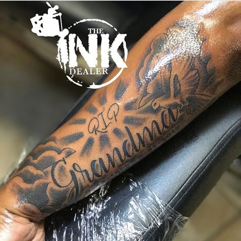 Rip Arm Tattoo Men, Forearm Cloud Tattoos, Putter Arm Tattoos, Rip Tattoos For Men Forearm With Clouds, Rip Granny Tattoo, Rip Brother Tattoos For Men, Rip Grandma Tattoo For Men Forearm, Granny Tattoo Ideas, Tattoo For Grandma Passing For Men