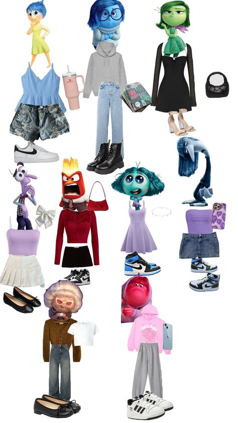 this are the inside out Charakters outfits💛💙💚💜❤️🩵💙🤎💗 Inside Out Themed Outfits, Fear From Inside Out Costume, Nostalgia Costume Inside Out, Embarrassment Inside Out Costume, Inside Out 2 Themed Outfits, Inside Out Day Spirit Week, Inside Out Outfit Ideas Aesthetic, Embarrassment Inside Out Outfit, Inside Out Dress Up