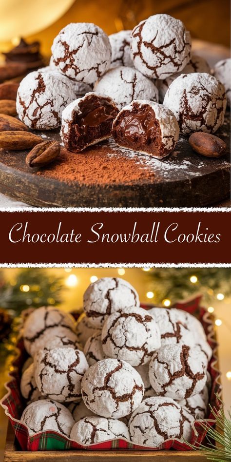 Classic Chocolate Snowball Cookies Recipe - Emma's Cake Studio Coffee Toffee Snowball Cookie, Hershey Kiss Snowball Cookies, Snowball Cookies No Nuts Recipe, Christmas Snow Ball Cookies, Chocolate Snowballs Recipe, Russian Tea Cookies Recipe, No Bake Snowball Cookies, Baked Christmas Donut Ideas, Easy Good Christmas Cookies