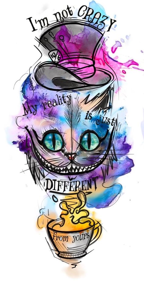 Cheshire Cat Tattoo, Alice And Wonderland Tattoos, Kitty Tattoos, Alice In Wonderland Artwork, Wonderland Artwork, Wonderland Tattoo, Alice And Wonderland Quotes, Wonderland Quotes, Disney Tattoos