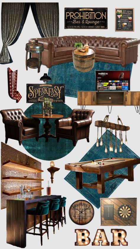 Basement Speakeasy #speakeasy #mancave #basementbar #lounge #homedecor Pub Style Living Room, Speakeasy Movie Room, Moody Speakeasy Basement, Speakeasy Lighting Ideas, Speakeasy Mood Board, Speakeasy Living Room Ideas, Speakeasy Game Room, Speakeasy Home Decor, Speakeasy Man Cave