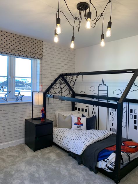 Look at this superhero themed children’s bedroom. Perfect for those spiderman crazy kids 🕷
#spiderman #actionman #superhero #boysroom #girlsroom #childrensbedroom #monochrome #kidsbedroomstyling #personalised #designercontracts #wallart #posterart Superhero Bedroom Lights, Simple Superhero Bedroom, Spider Verse Bedroom, Modern Avengers Bedroom, Spider Man Bunk Bed, Neutral Super Hero Bedroom, Sophisticated Superhero Bedroom, Modern Spider Man Room, Diy Superhero Bedroom