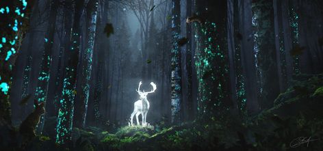 ArtStation - Sage of the Forest, Rocky Schouten Deer, Harry Potter, Trees, Forest, Laptop, Green, White, Art