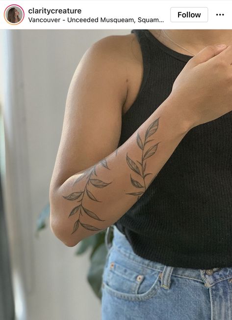 Rap Around Leaf Tattoo, Vining Plant Arm Tattoo, Womens Upper Leg Tattoo, Leave Around Arm Tattoo, Greenery Arm Tattoos For Women, Leave Wrap Around Arm Tattoo, Vine Arm Tattoos For Women Forearm, Vine Leaf Tattoos For Women, Leaves Going Up Arm Tattoo