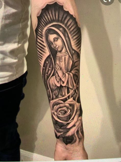 Virgin Marie Tattoo, Tattoo Ideas Full Sleeve, Upper Chest Tattoo Female Quotes, Saint Tattoo Female, Virgen De Guadalupe Tattoo Ideas Sleeve, Virgin Mary Tattoo Forearm, Virgen De Guadalupe Tattoo Ideas Forearm, Mother Mary Tattoo, La Virgen De Guadalupe Tattoo Ideas Arm