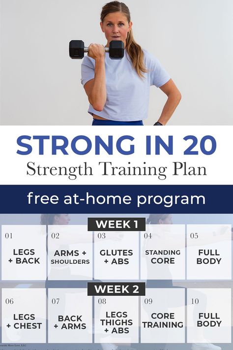 Build strength for your real life with STRONG20: a free 2-Week Functional Strength Training Program for all fitness levels. This is an all strength program designed to help you move better and feel stronger. Welcome to Strong20: a FREE, full body workout plan with 10 NEW workout videos. All you need is a set of dumbbells and 20 minutes a day. This is an all strength program designed to help you move better and feel stronger. All you need is a set of dumbbells and 20 minutes a day. 4 Day Strength Training Plan, 15 Minute Strength Training Workout, Free Strength Training Program, Beginners Strength Training, 5 Day Strength Training Workout, 20 Minute Strength Workout, Functional Strength Workout, Strength Training Workout Plan, Pregnancy Core Workout