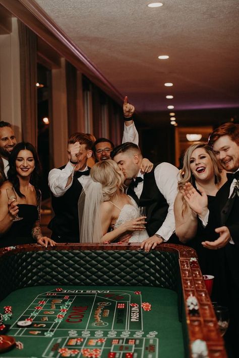 Vegas Wedding Bridal Party, Wedding Casino Theme, Vegas Elopement Casino, Las Vegas Themed Wedding Reception, Old Vegas Engagement Photos, Vegas Wedding Dinner, Little Chapel Wedding Las Vegas, Vegas Elopement Invitations, Las Vegas Theme Wedding