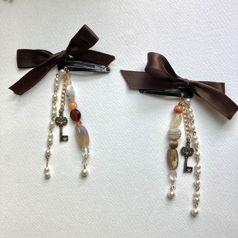 handmade brown bow beaded matching hair clips set... - Depop Beaded Bow Hair Clips, Beaded Clip Hair, Hair Clips Jewelry, Hijab Bow Pin, Hair Clip Jewelry, Charm Hair Clips, Dangly Hair Clips, Hair Clip Charms, Beads Hair Clip