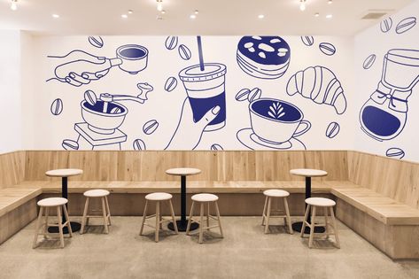 Cafe Interior Illustration, Simple Line Illustration, Kirchen Design, Cafeteria Design, Mural Cafe, House Tokyo, Japanese Couple, Coffee Stand, Cafe Wall Art