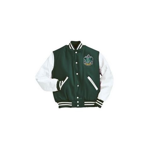 Slytherin Hogwart's Quidditch Team Varsity Jacket made by schmidty17 ❤ liked on Polyvore featuring outerwear, jackets, harry potter, slytherin, teddy jacket, green varsity jacket, varsity bomber jacket, varsity style jacket and green jacket Matric Jackets, Leather Sleeve Jacket, Football Jacket, School Jacket, Varsity Letterman Jackets, College Jackets, Pom Pom Girl, Leather Sleeves, Embroidery On Clothes