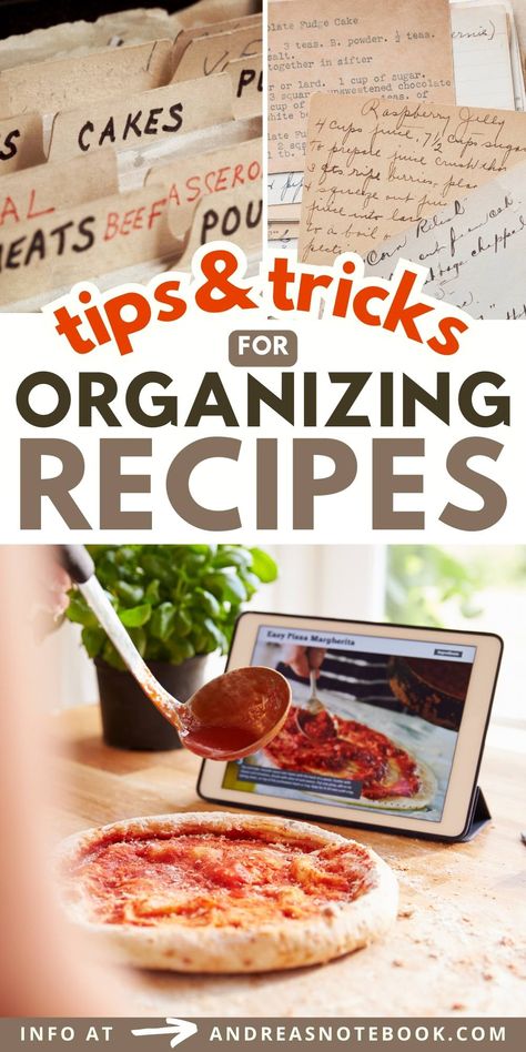 Collage of methods of organizing recipes. Recipes Storage Ideas, Best Way To Organize Recipes, Recipe Categories List, Recipe Organization Ideas, Storing Recipes, Organize Recipes, Goodnotes 5, Notion Planner, Diner Recipes