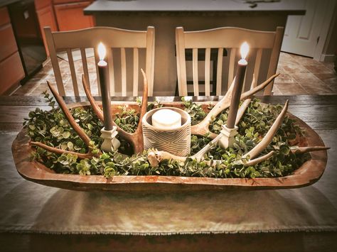 Diy With Antlers, Dough Bowl With Deer Antlers, Diy With Deer Antlers, Dough Bowl Centerpiece Farmhouse Ideas, Hunting Camp Ideas Cabin Living Room, Christmas Decorations With Antlers, Deer Antler Centerpieces Rustic, Western Eucalyptus Wedding, Repurposed Deer Antlers