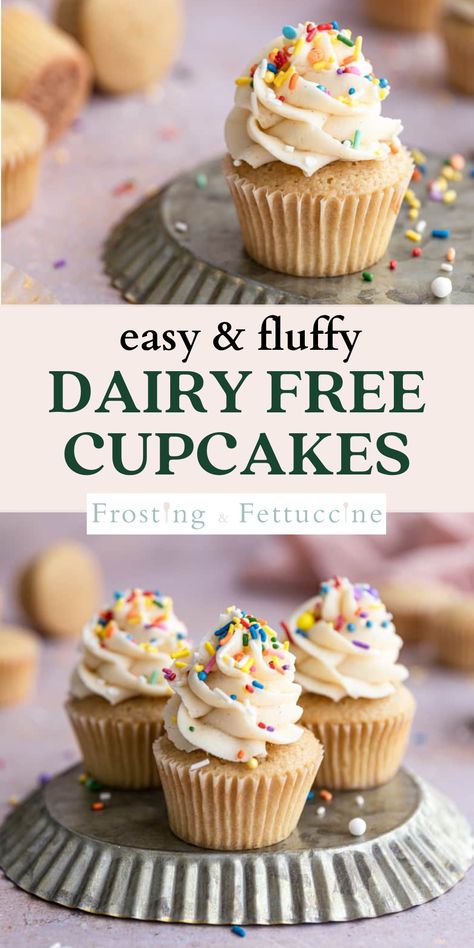 Dairy Free Cupcake Recipe, Dairy Free Buttercream Frosting, Dairy Free Vanilla Cake, Dairy Free Deserts, Dairy Free Buttercream, Dairy Free Cake Recipe, Dairy Free Cupcakes, Dairy Free Frosting, Dairy Free Baking