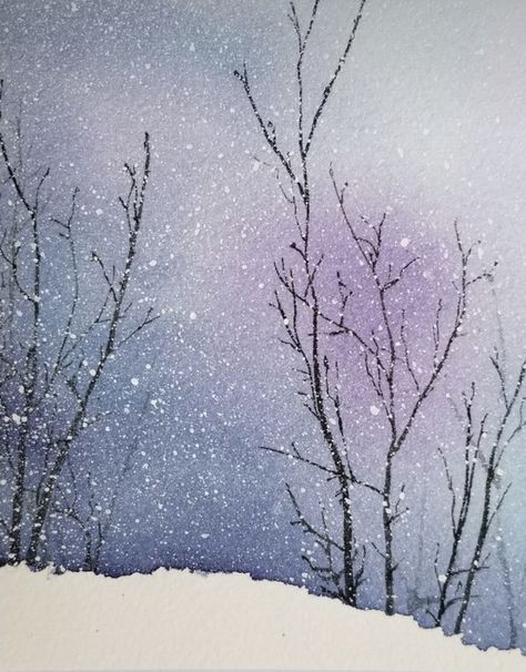 Watercolor Snow Paintings, Watercolour Winter Trees, Winter Art Inspiration, Simple Winter Watercolor Paintings, How To Paint Snow In Watercolor, Christmas Cards Handmade Watercolor Winter Scenes, Winter Solstice Watercolor, Winter Tree Watercolor, Winter Scenes Watercolor