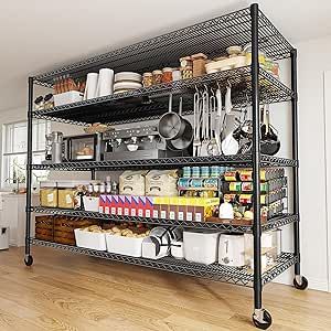 REIBII 55.5''W Storage Shelves 3000LBS Wire Shelving Rack with Wheels 85.5" H Heavy Duty Shelving Unit Adjustable Metal Shelves for Storage Rack Shelving for Kitchen Pantry 85.5" H X 55.5" W X 24" D Pollo Tropical, Metal Storage Shelves, Heavy Duty Shelving, Garage Storage Shelves, Metal Shelving, Wire Shelving Units, Utility Shelves, Metal Shelving Units, Pantry Shelving