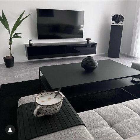 Black Minimalist Living Room Modern, Monotone Apartment, Minimalist Apartment Black, Minimalist Bedroom With Black Furniture, Small Black Apartment Aesthetic, Ultra Minimalist Interior, Black White Grey Interior, Modern Black Apartment Aesthetic, Modern Minimalist Interior Design Living Room Apartment