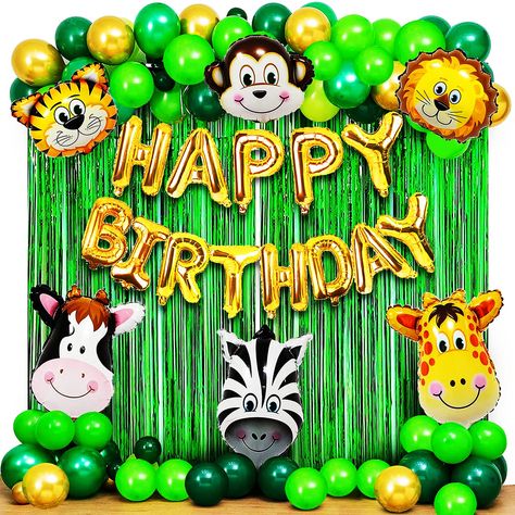 Birthday Decoration Items, Jungle Theme Decorations, Jungle Theme Birthday Party, Happy Birthday Foil Balloons, Animal Theme Birthday, Happy Balloons, Safari Animals Birthday, Boy Birthday Decorations, Baby Birthday Decorations