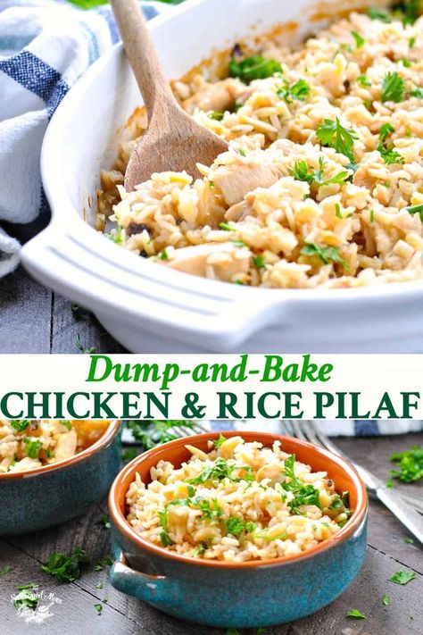 Dump-and-Bake Chicken and Rice Pilaf is an easy dinner that cooks in one dish! One Pot Meals | Chicken Breast Recipes | Casseroles #chickendinner #dumpandbake One Pot Meals Chicken, Chicken And Rice Pilaf, Easy Rice Pilaf, Dump And Bake, Meals Chicken, Baking Recipes Healthy, Rice Pilaf Recipe, Easy Chicken And Rice, Quick Pasta Recipes