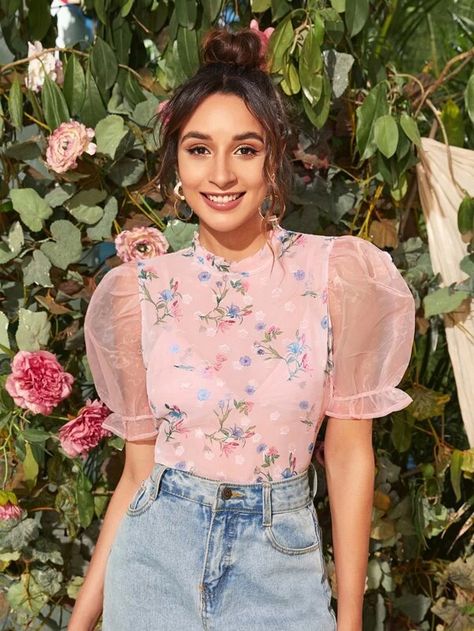 Mock-Neck Organza Puff Sleeve Floral Chiffon Top | SHEIN Sleeve Outfit Ideas, Organza Tops, Floral Chiffon Top, Western Wear Outfits, Fancy Tops, Trendy Dress Outfits, Fashion Tops Blouse, Trendy Fashion Tops, Trendy Blouses