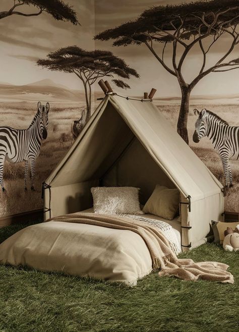 Into the Wild: 20 Jungle-Inspired Kids Room Ideas - Various Loft Vintage Safari Bedroom, Kids Jungle Bed, African Safari Bedroom, Jungle Bedroom Kids Safari Theme, Kids Room Theme Ideas, Forest Themed Bedroom Kids, Safari Room Kids, Kids Room Jungle Theme, Kids Safari Room