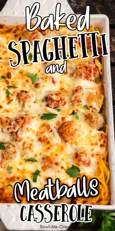 Casserole dish with baked spaghetti, meatballs and cheese with Pinterest overlay. Spagetti And Meatball Recipe, Easy Baked Spaghetti Recipe, Meatball Casserole Recipe, Spaghetti Meatball Recipes, Baked Spaghetti And Meatballs, Easy Baked Spaghetti, Spaghetti Casserole Recipe, Spaghetti Recipes Easy, Baked Spaghetti Casserole