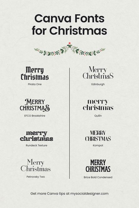 Canva Fonts For Christmas, Canva Winter Fonts, Christmas Fonts On Canva, Elegant Christmas Design Graphic, Christmas Font Pairings, Canva Letters Free, Christmas Card Fonts, Canva Holiday Fonts, Merry Christmas Font Design