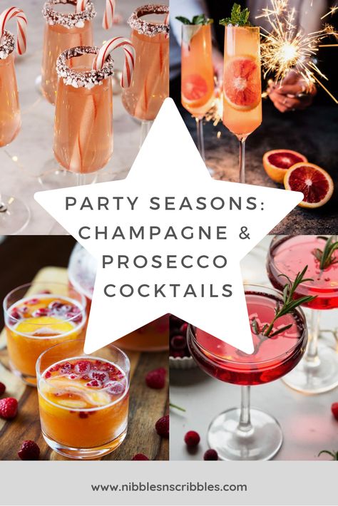 Party Seasons: Champagne and Prosecco Cocktails.   #Cocktails #Party #Drinks Fun Champagne Cocktails, Cocktail Recipes For New Years, Nye Champagne Cocktails, Prosecco Cocktails New Years Eve, Holiday Drinks Prosecco, Prosecco Mixed Drinks, Fun Champagne Drinks, Festive Prosecco Cocktails, Fancy Champagne Drinks