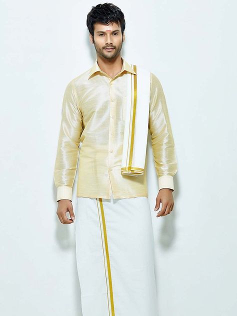 Superior cream color raw silk shirt comes with white color cotton dhoti and angavastram. Item Code : SCU12002-3 http://www.bharatplaza.com/new-arrivals/south-indian-mens-wear.html Veshti Sattai Men, Indian Wedding Outfits For Men Classy, Indian Outfits Men, Tamil Groom, Indian Wedding Outfits For Men, South Indian Groom, Traditional Dresses Indian, Pear Shaped Dresses, Onam Outfits