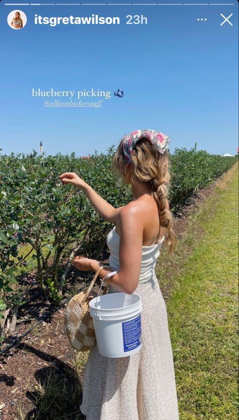 Picking Blueberries Aesthetic, Blueberry Picking Pictures, Blueberry Picking Photoshoot, Fruit Picking Photoshoot, Cute Strawberry Picking Outfits, Blueberry Picking Aesthetic, Berry Picking Photoshoot, Peach Picking Outfit, Blueberry Picking Outfit