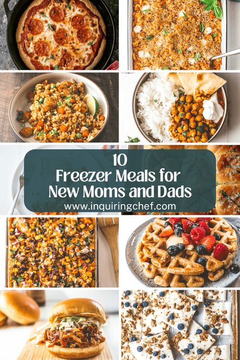 Freezer Meals for New Moms and Dads Frozen Shepards Pie Freezer Meals, Prepped Meals For New Moms, Premade Frozen Dinners, Freezable Meals For New Moms, Dairy Free Postpartum Freezer Meals, Freezer Friendly Enchiladas, Healthy Easy Freezer Meals, Soup Freezer Meals Make Ahead, Easy Freezer Meals Postpartum