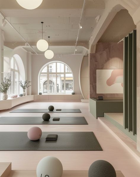 Discover tranquility and style in these serene yoga studio designs 🌸✨ Each space is crafted with soft tones and minimalist decor, creating the perfect environment for relaxation and inner peace. 🧘‍♀️🌿 All by me. #interiordesign #yogastudio #PastelAesthetics #serenespaces #zenvibes #yogainspiration #midjourneydesign Pilates Interior Design, Barre Studio Design, Pilates Design, Pilates Studio Design Interiors, Pilates Yoga Studio, Home Pilates Studio, Yoga Studio Interior, Pilates Room, Yoga Room Design