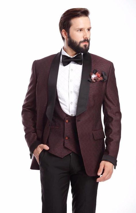 Wine Colour Tuxedo Men, Wine Colour Suits For Men, Edgy Prints, Maroon Coat, Tan Brogues, Classic Suits, Maroon Suit, Dapper Grooms, Dresses For Men