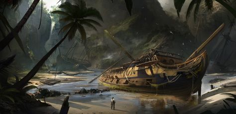 Shipwrecks, Piotr Krezelewski on ArtStation at https://www.artstation.com/artwork/68NGV Pirate Island, Old Sailing Ships, Monkey Island, Pirate Art, Mermaid Lagoon, 1080p Wallpaper, Fantasy Places, Matte Painting, A Ship