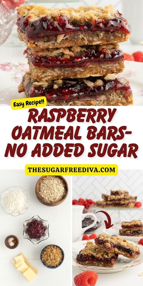 Raspberry Oatmeal Bars- A simple and delicious dessert bar recipe made with oats and raspberry preserves with no added sugar!  #oats #oatmeal #oatmealbars #raspberry #noaddedsugar #oatbars #dessertbars #diabeticdessert #diabeticrecipe #sugarfreedessert Read more at: https://thesugarfreediva.com/raspberry-oatmeal-bars-no-added-sugar/ No Added Sugar Desserts, Diabete Recipes For Dessert, Healthy Oatmeal Bars, Raspberry Oatmeal Bars, Sugar Free Cookie Recipes, Sugar Free Oatmeal, Oatmeal Bars Healthy, No Sugar Desserts, Raspberry Oatmeal